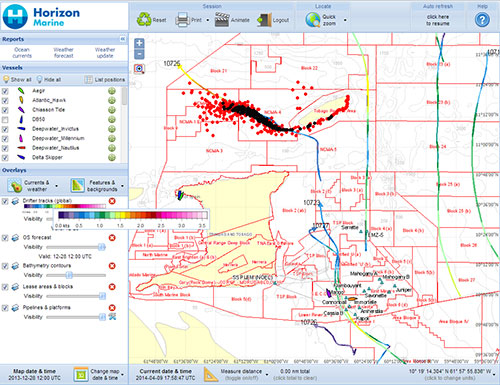 Driftign buoy data corroborates the oil spill trajectory forecast.